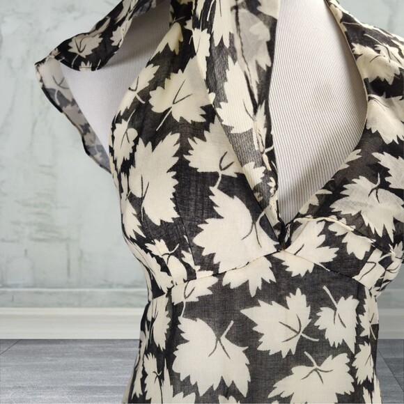 Vintage 70s Backless Halter Midi Dress Size 6 Black Leaf Print Neck Drape - Picture 6 of 15